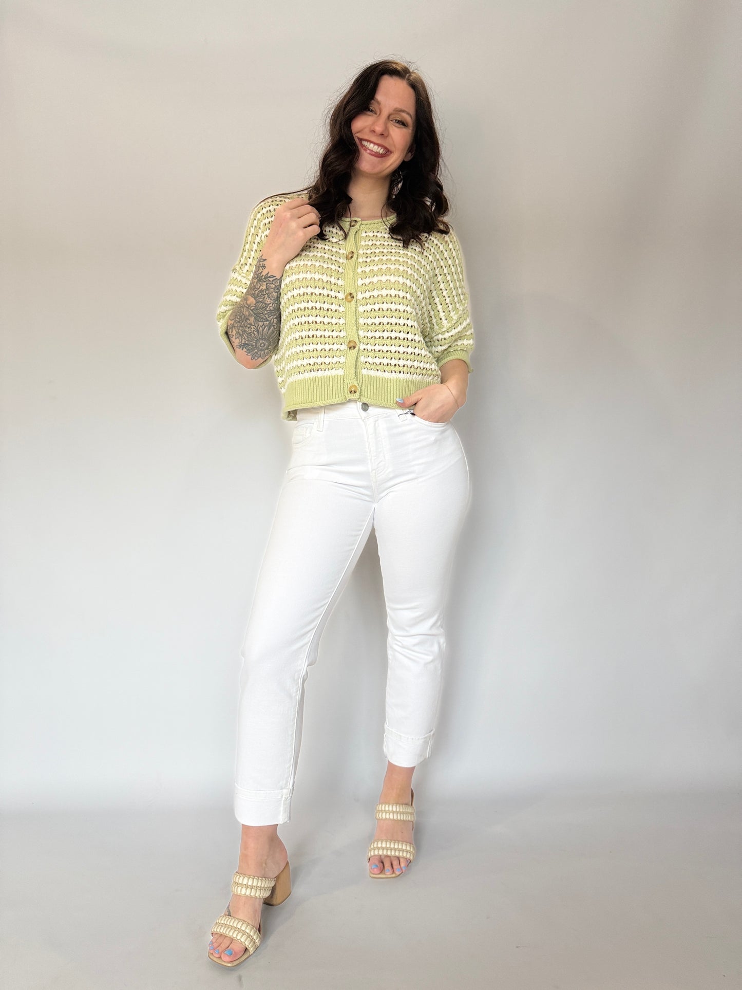 Short Sleeve Knit Button Sweater Sage
