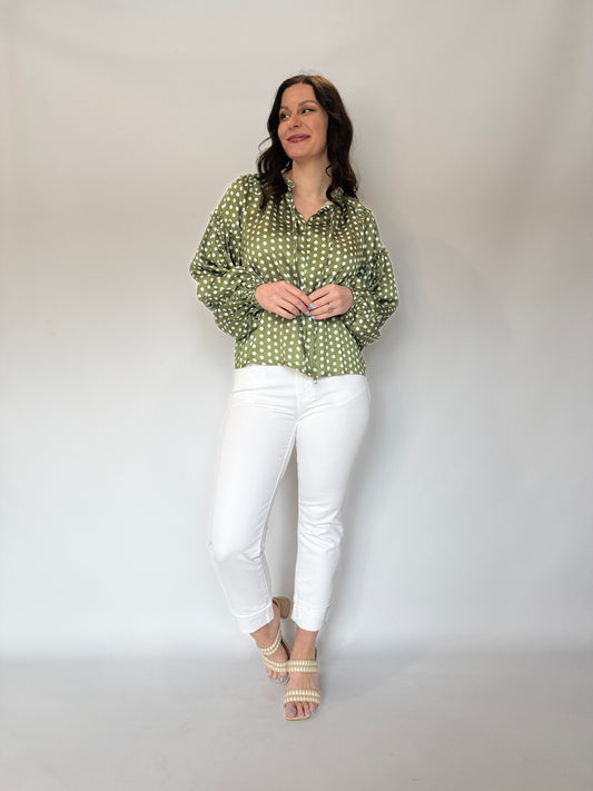 Polka Dot Satin Blouse Olive