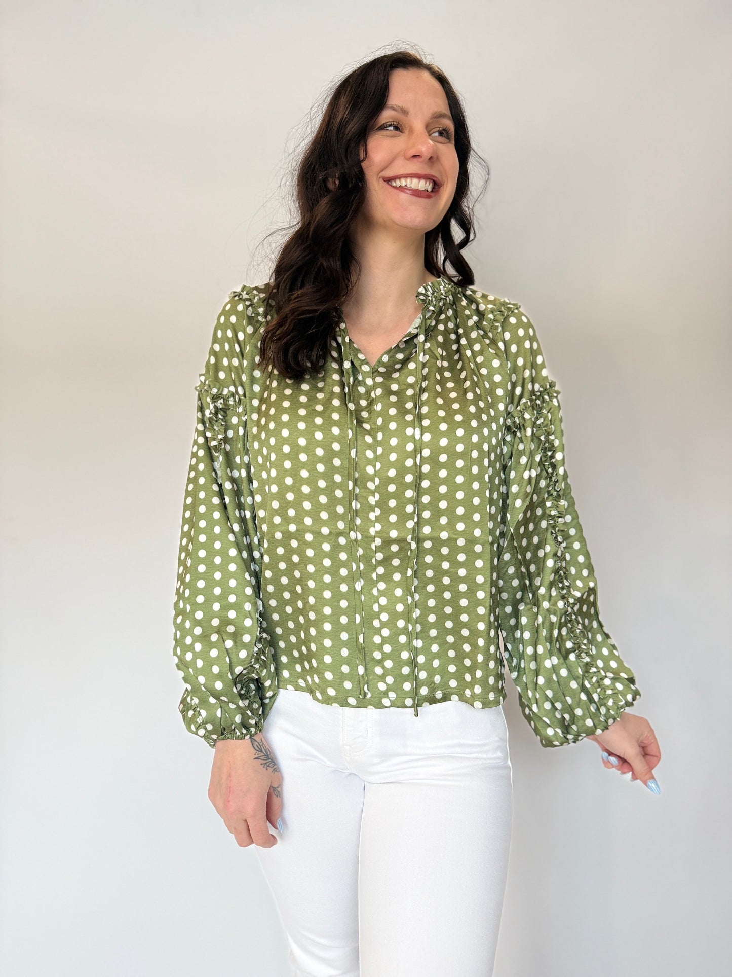 Polka Dot Satin Blouse Olive