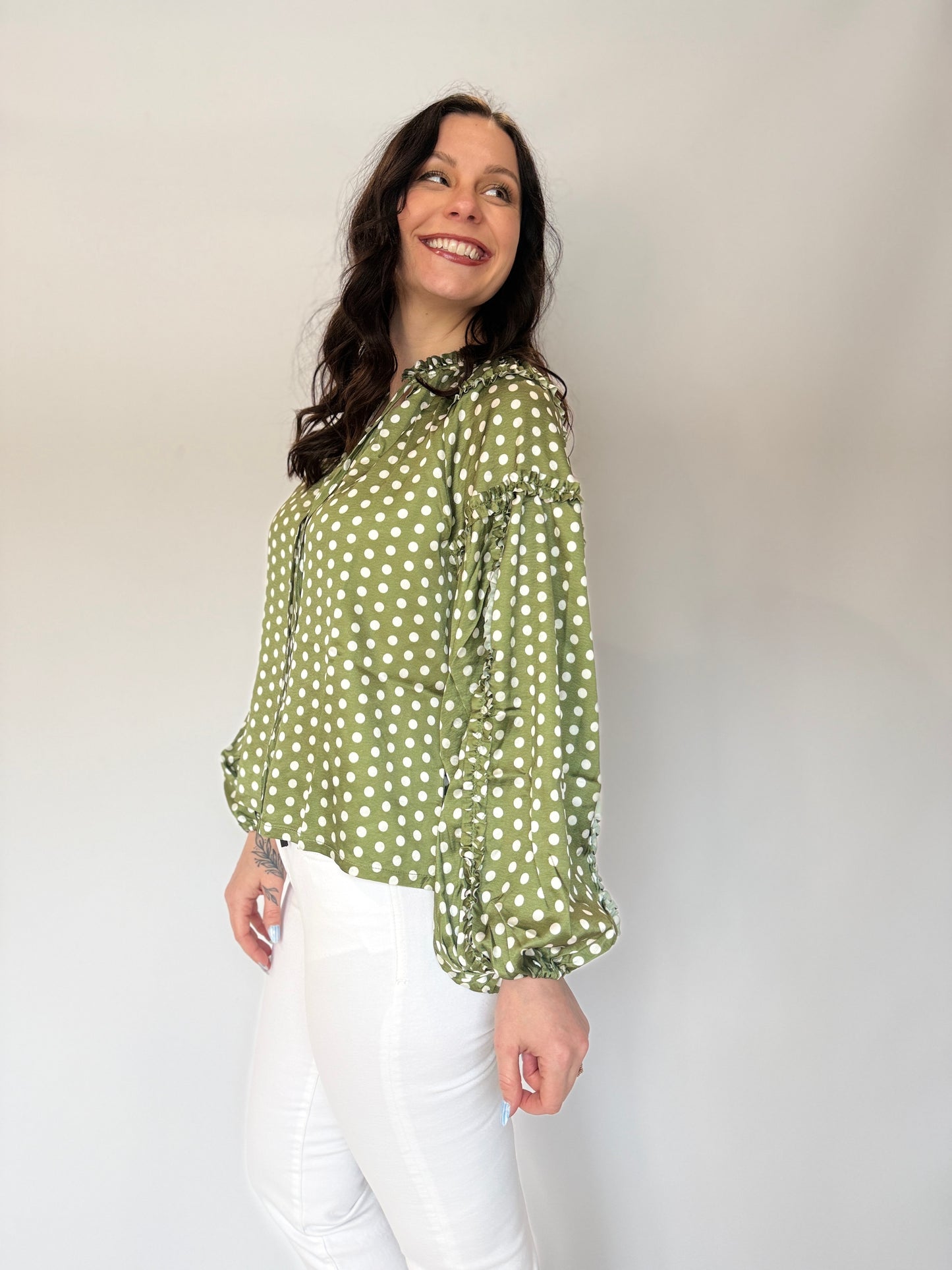 Polka Dot Satin Blouse Olive