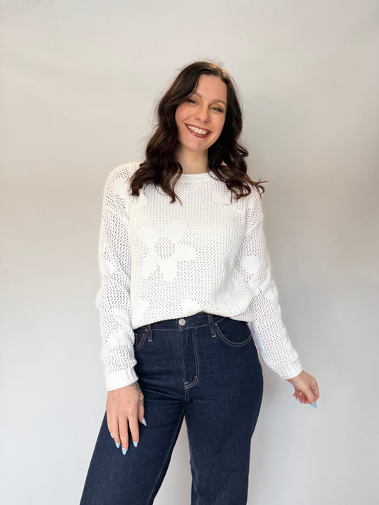 Loose Knit Flower Print Sweater White