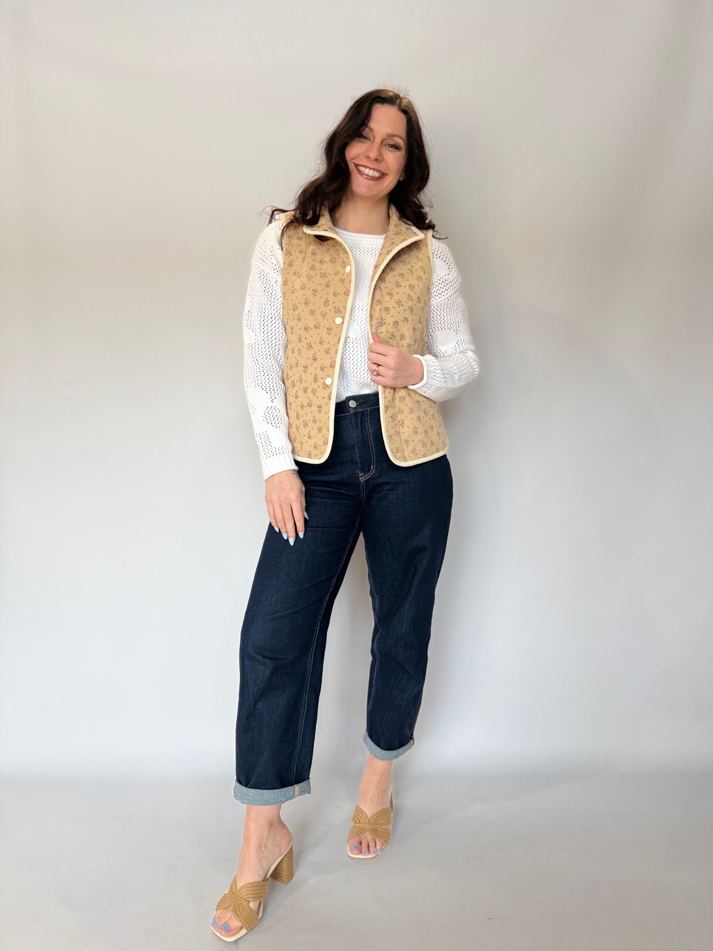 Floral Quilted Button Vest Khaki
