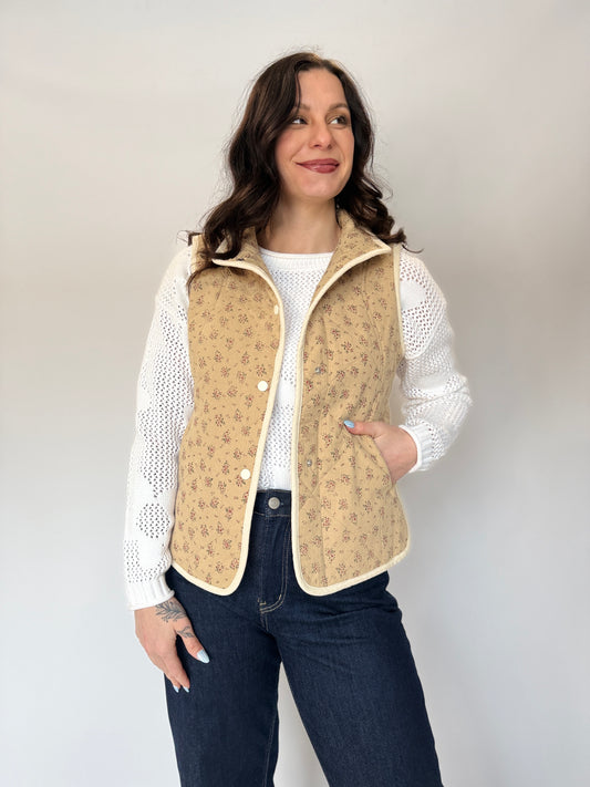 Floral Quilted Button Vest Khaki