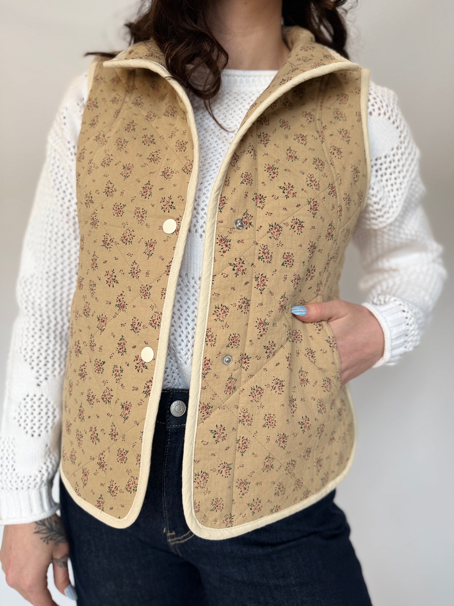 Floral Quilted Button Vest Khaki