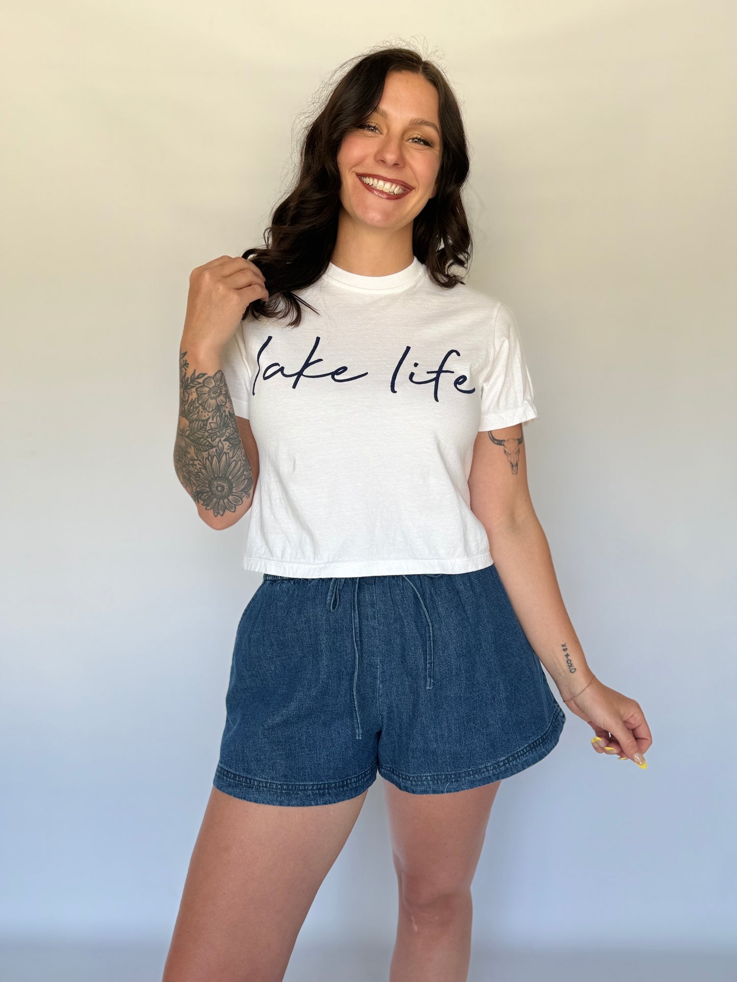 Lake Life Script White Crop Top