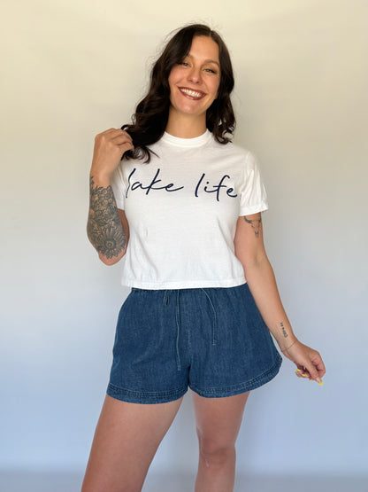 Lake Life Script White Crop Top