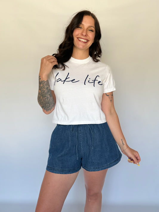 Lake Life Script White Crop Top