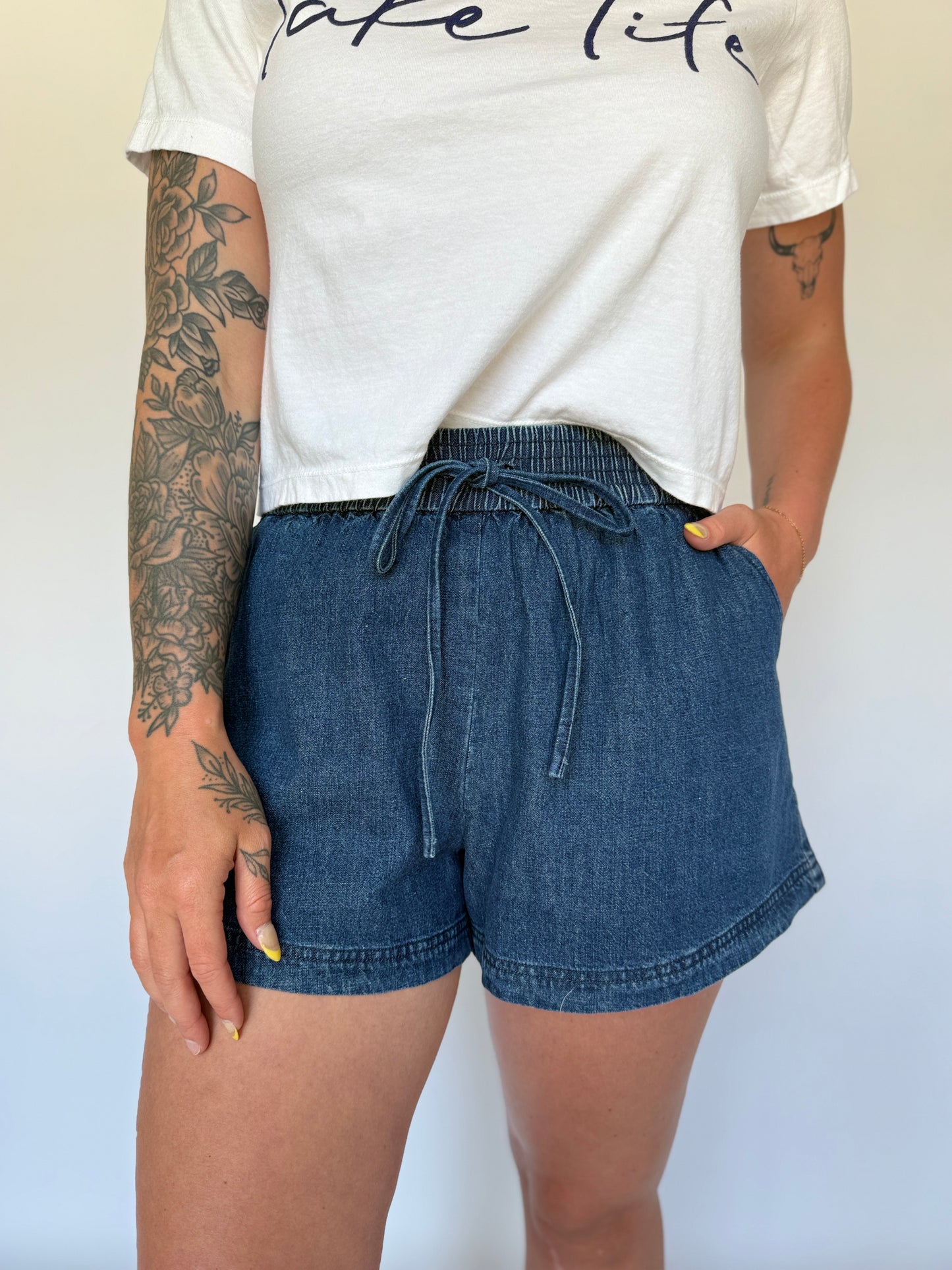 Elastic Waist Denim Shorts