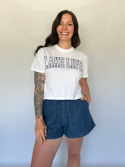 Lake Life Block Letter Crop White