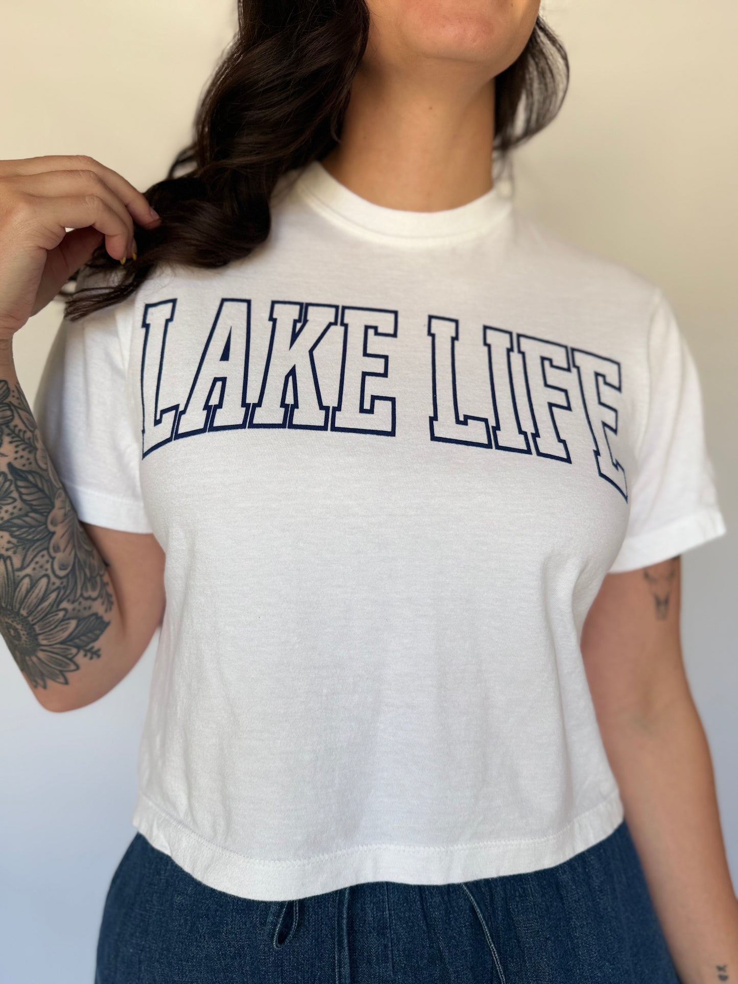 Lake Life Block Letter Crop White