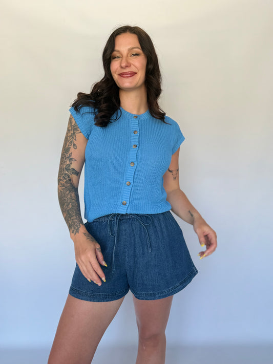 Short Sleeve Button Knit Vest Blue