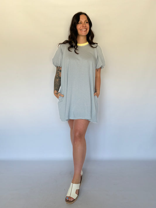 Stripe Puff Sleeve Dress Blue
