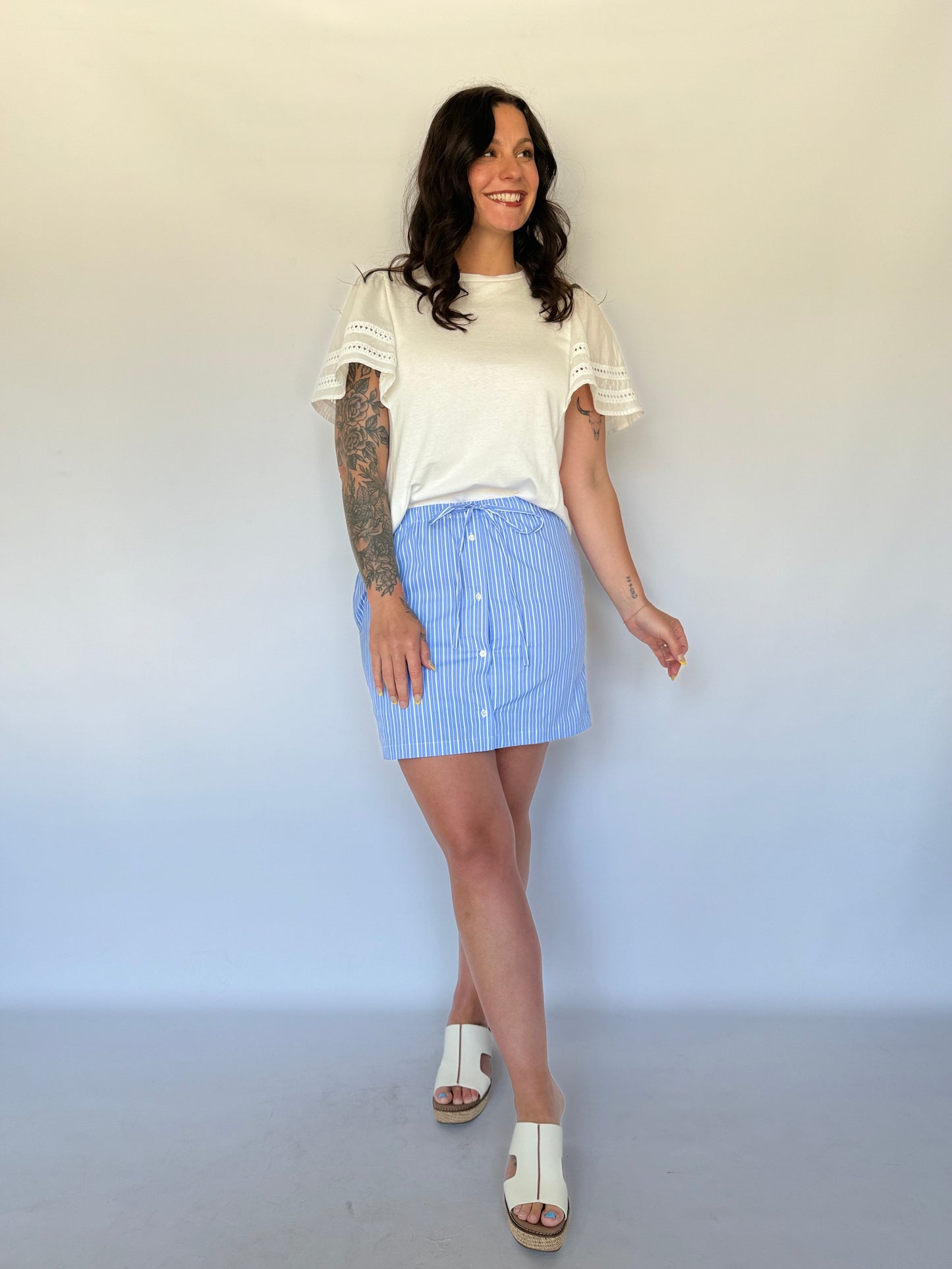 Striped Poplin Drawstring Skort Blue