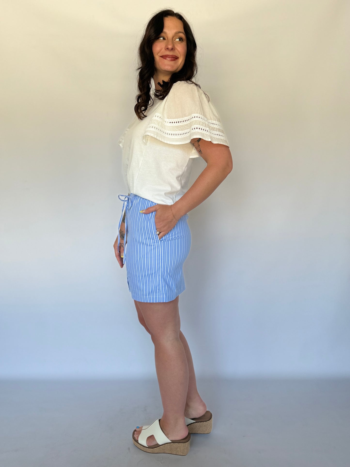 Striped Poplin Drawstring Skort Blue