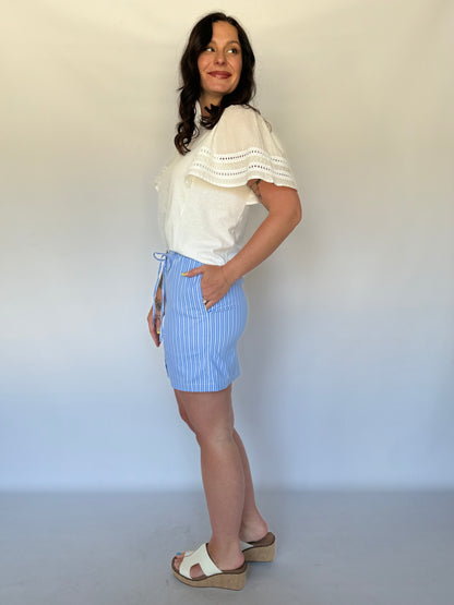 Striped Poplin Drawstring Skort Blue