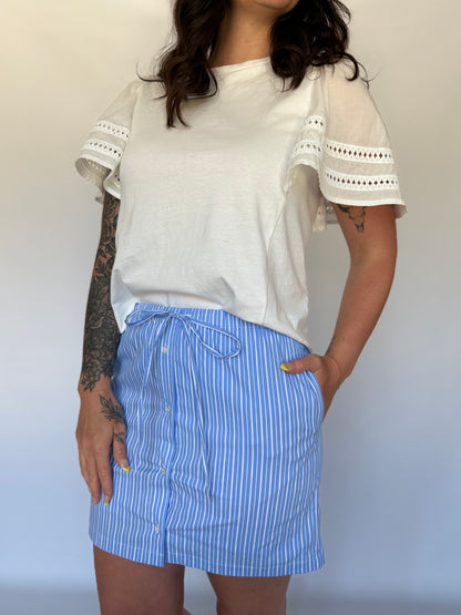 Striped Poplin Drawstring Skort Blue