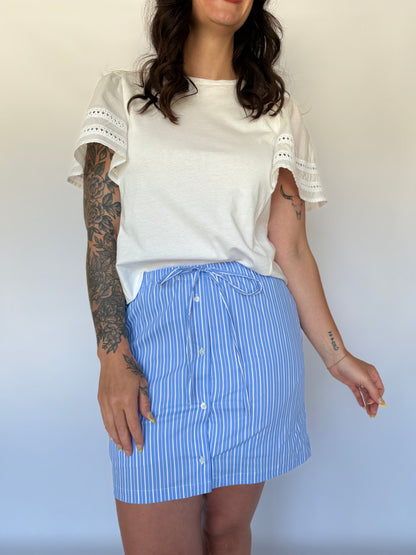 Striped Poplin Drawstring Skort Blue