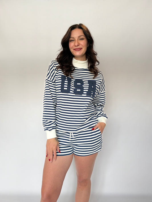 USA Sweatshirt Stripe Mock Neck Navy