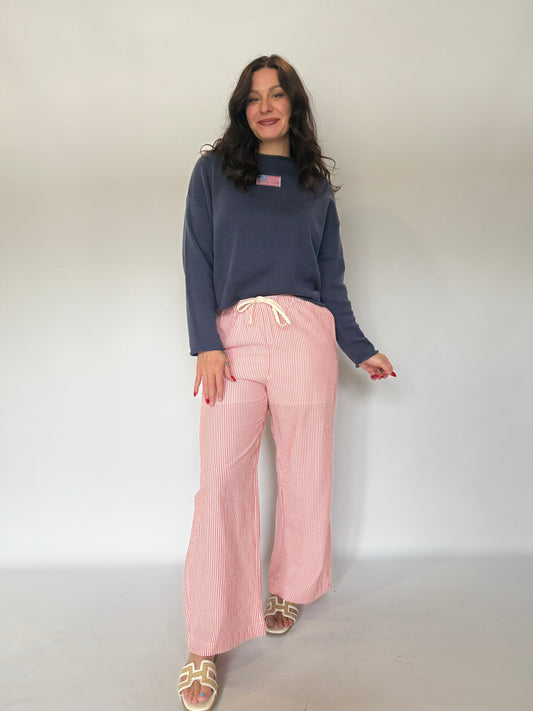 Drawstring Striped Pants Red