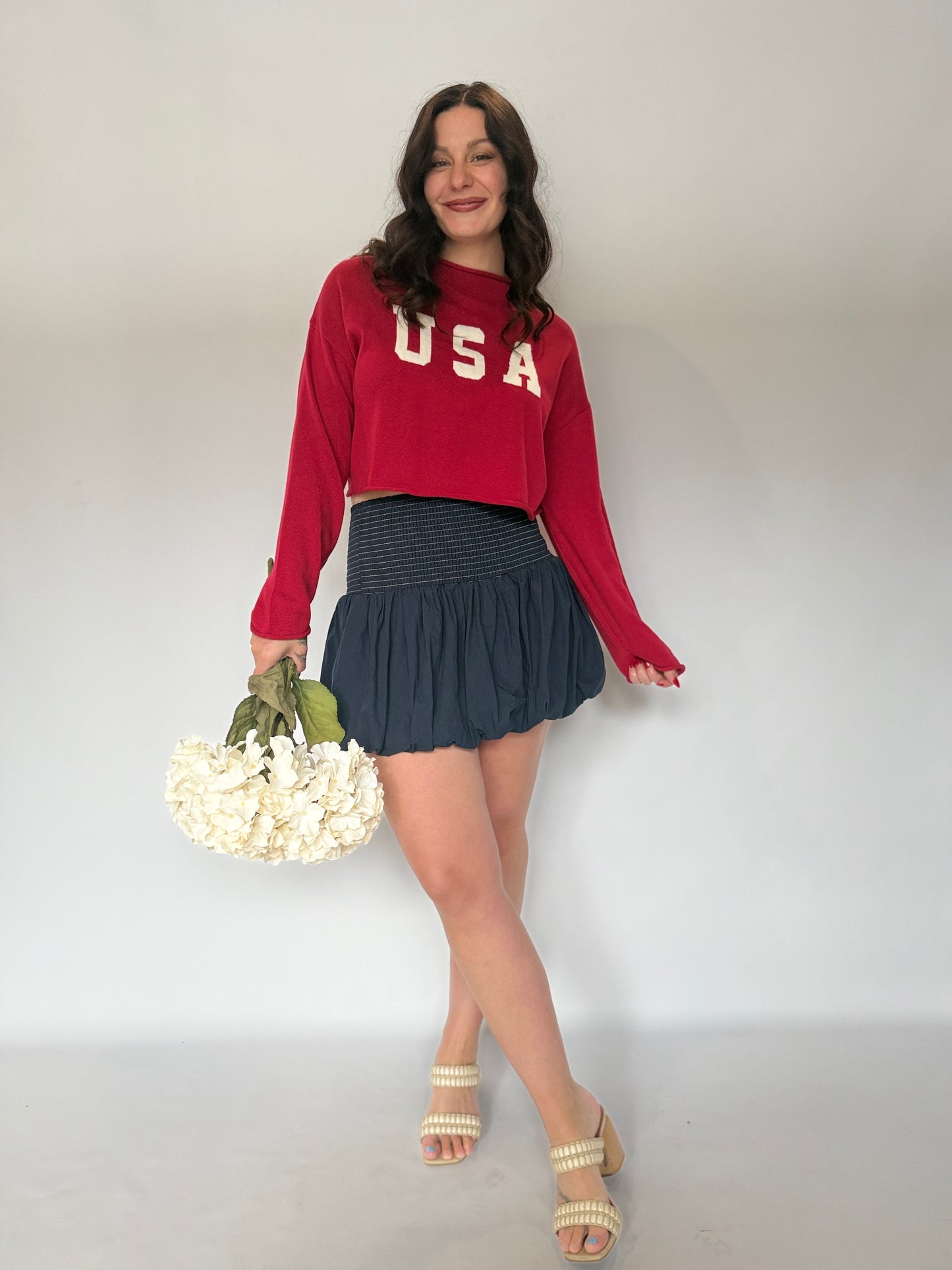 Bubble Hem Smocked Mini Skirt Navy
