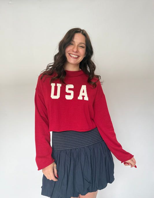 Knit Cropped USA Sweater Red