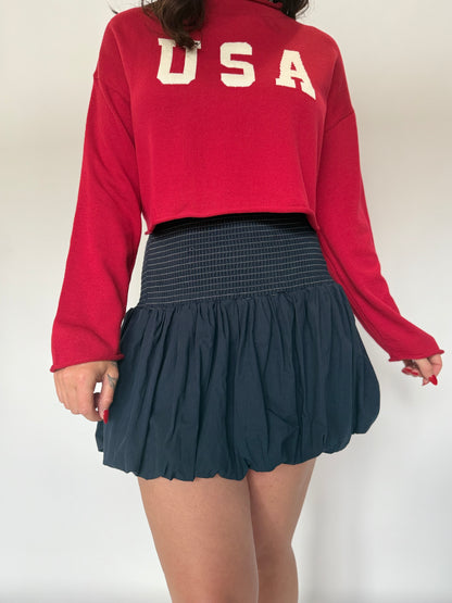 Bubble Hem Smocked Mini Skirt Navy