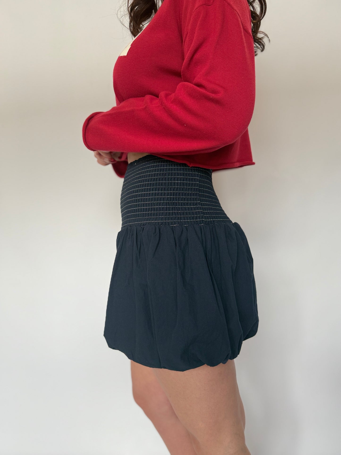 Bubble Hem Smocked Mini Skirt Navy