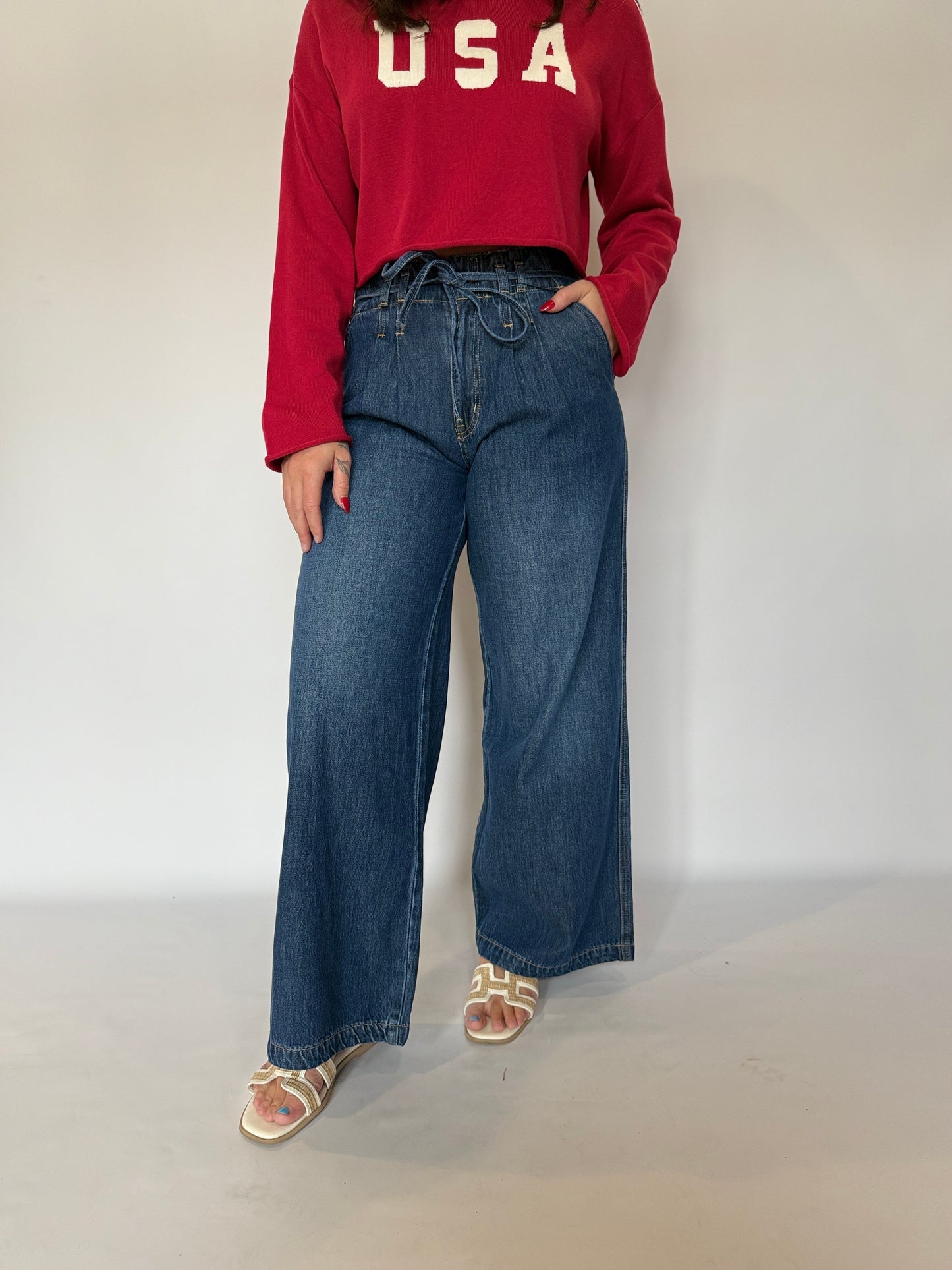 High Waist Wide Pleat Tie Denim
