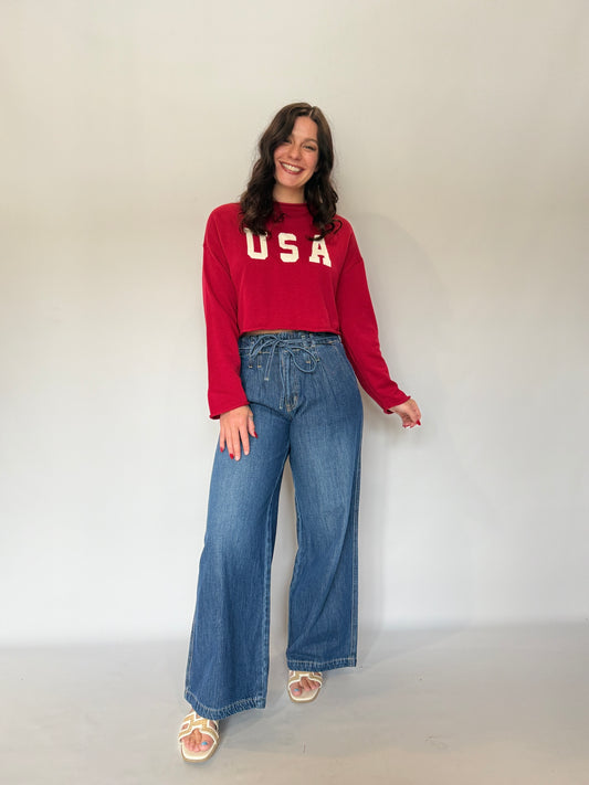 High Waist Wide Pleat Tie Denim