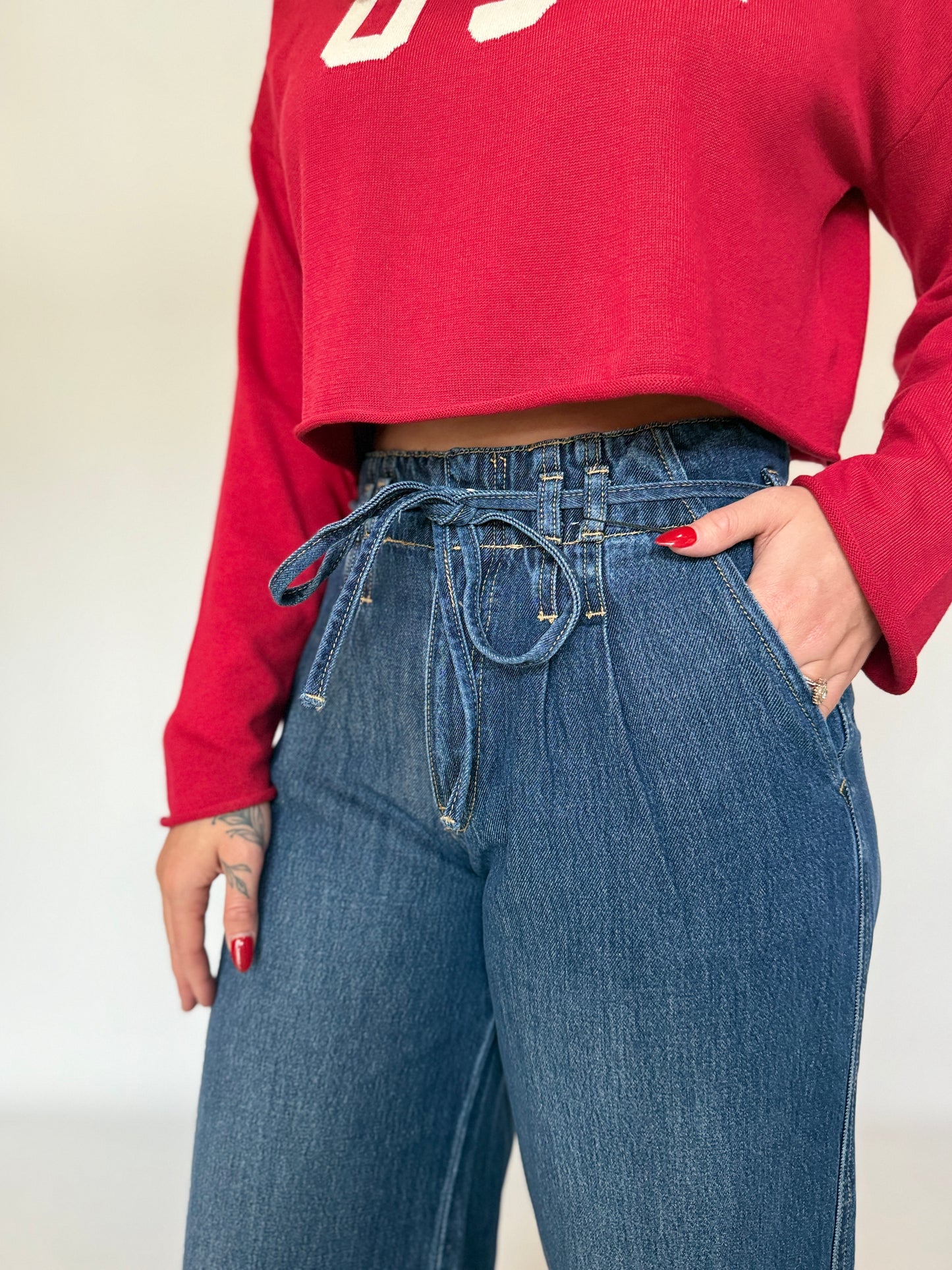 High Waist Wide Pleat Tie Denim