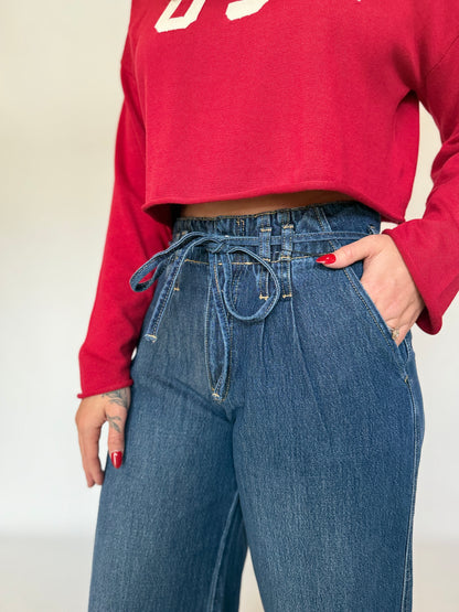 High Waist Wide Pleat Tie Denim