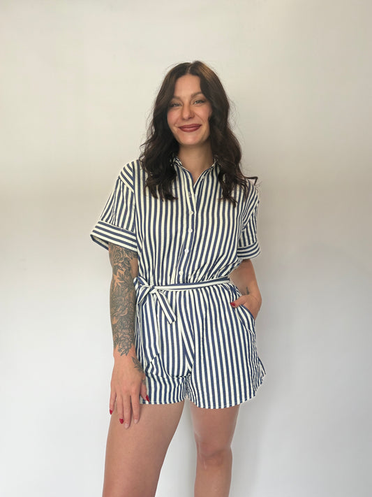 Woven Striped Button Down Romper