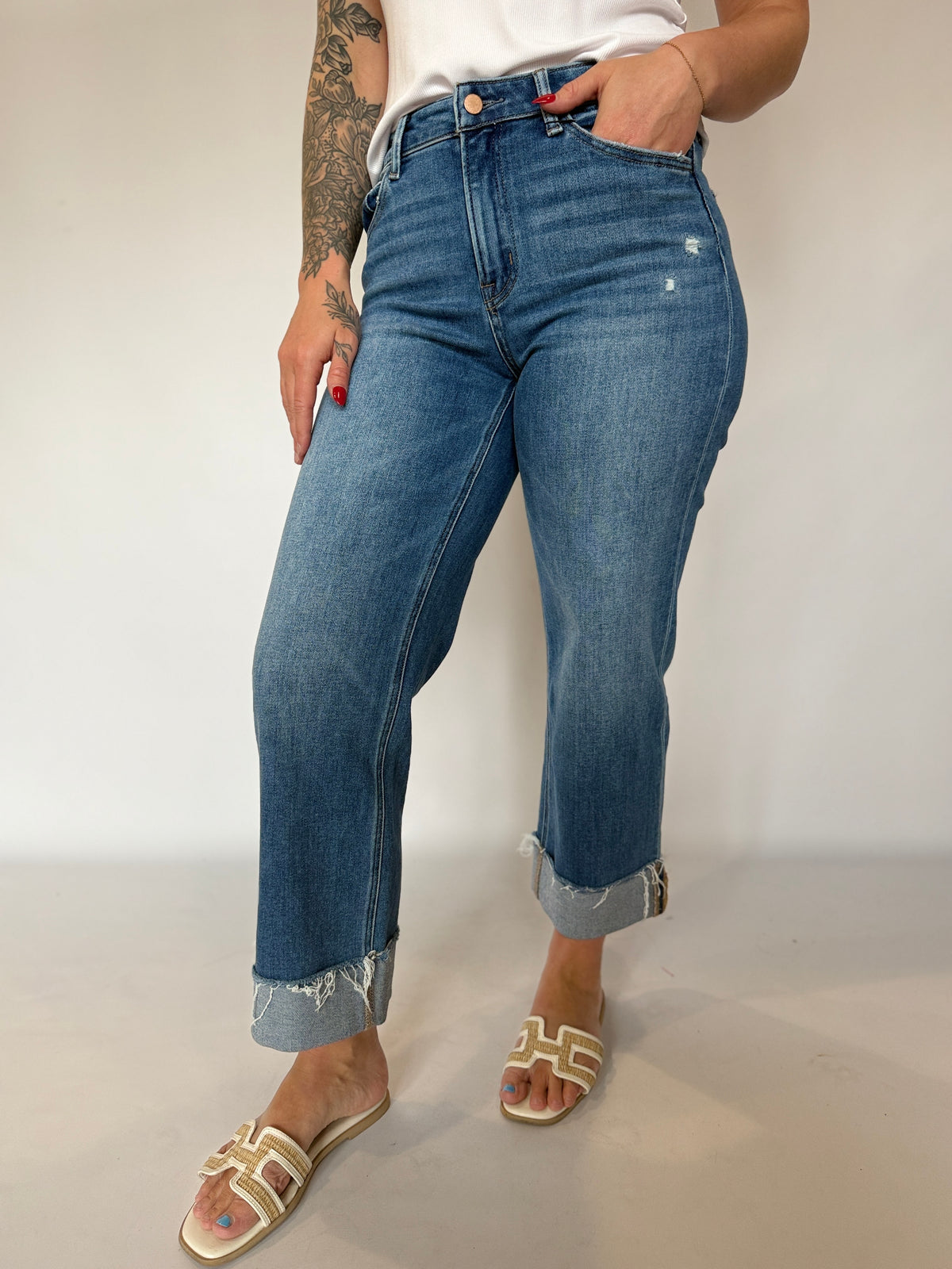 High Rise Cuffed Slim Wide Denim