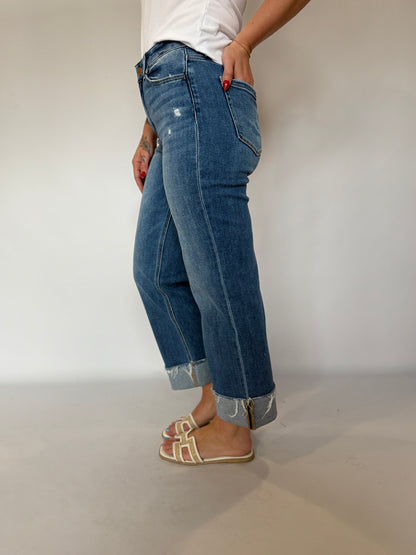 High Rise Cuffed Slim Wide Denim