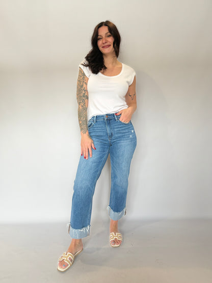 High Rise Cuffed Slim Wide Denim