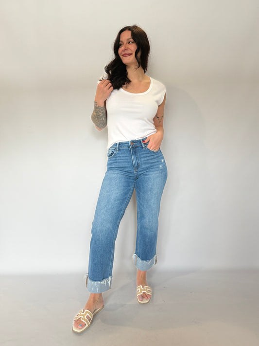 High Rise Cuffed Slim Wide Denim