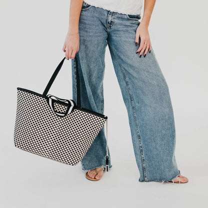 Woven Tiffany Tote Bag Checkered Black
